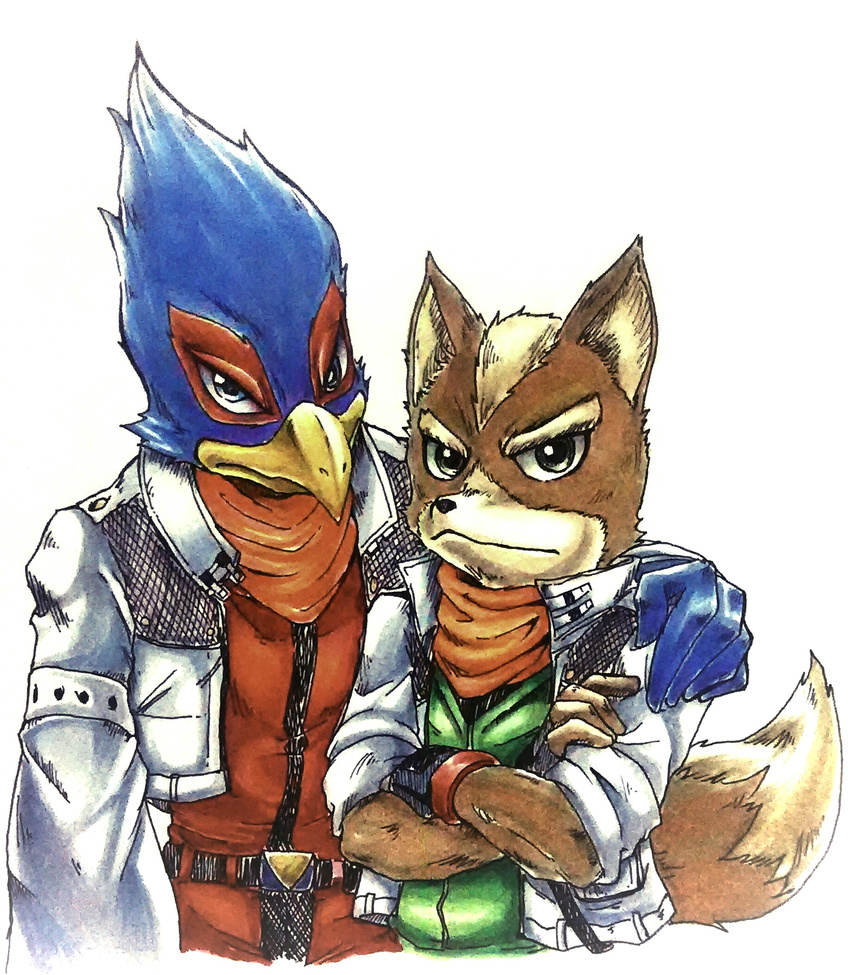 2boys ????? anthro avian blue_eyes canine clothing duo falco_lombardi fox fox_mccloud furry green_eyes jacket male mammal multiple_boys nintendo scarf star_fox video_games