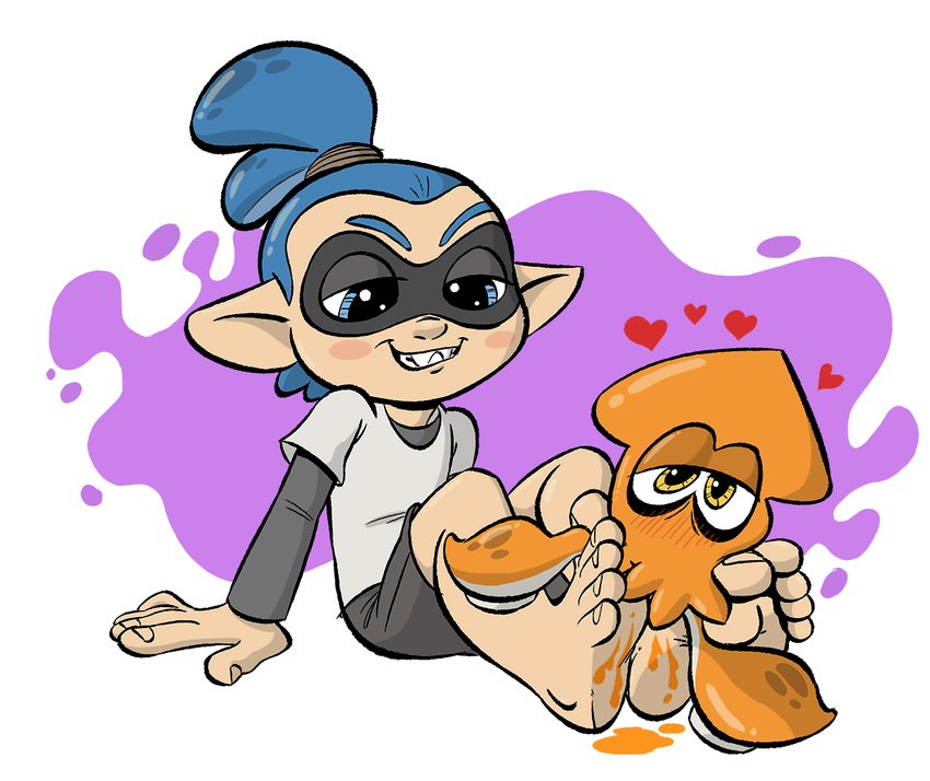 &lt;3 5_toes barefoot blush cephalopod clothing duo foot_fetish foot_focus humanoid humanoid_feet inkling kuroi_wolf male marine mask nintendo plantigrade pointy_ears sitting soles splatoon squid toes video_games