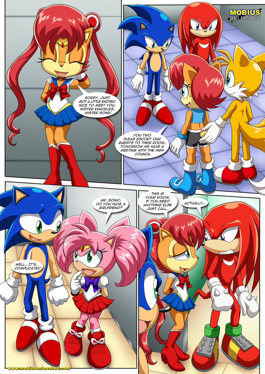 amy_rose anthro archie_comics bbmbbf blue_eyes blue_fur boots brown_fur canine chibi_rose_(character) chipmunk clothed clothing comic echidna embarrassed female footwear fox fur gloves green_eyes hair half-closed_eyes hand_behind_head hand_on_butt hedgehog knuckles_the_echidna long_hair male mammal miles_prower mobian_(species) mobius_unleashed monotreme open_mouth orange_fur palcomix pigtails pink_fur pink_hair purple_eyes red_fur red_hair rodent sailor_moon_(series) sally_acorn sally_moon_(character) seductive shoes short_hair skirt smile sonic_(series) sonic_the_hedgehog tan_fur text white_fur young