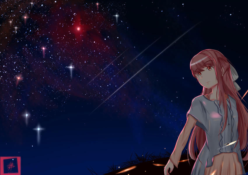 absurdres from_behind highres long_hair night night_sky pink_eyes pink_hair rin_(shelter) shelter_(music_video) shooting_star skirt sky solo star tegar32