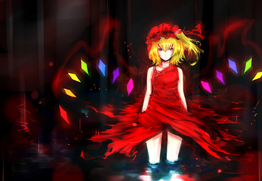 acryl alternate_costume arms_at_sides bangs blonde_hair dark dress expressionless flandre_scarlet hat indoors light_frown looking_at_viewer mob_cap parted_lips red red_dress red_eyes reflection room short_hair side_ponytail sleeveless sleeveless_dress solo standing thighs touhou wading wings