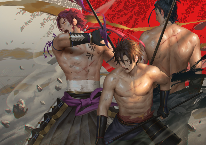 abs armor black_gloves black_hair brown_eyes brown_hair gloves injury japanese_armor male_focus multiple_boys nihongou_(touken_ranbu) nipples open_mouth otegine penguin_frontier polearm ponytail red_eyes red_hair rubble sarashi shirtless siddham smile spear tattoo tonbokiri_(touken_ranbu) torn_clothes touken_ranbu weapon yari