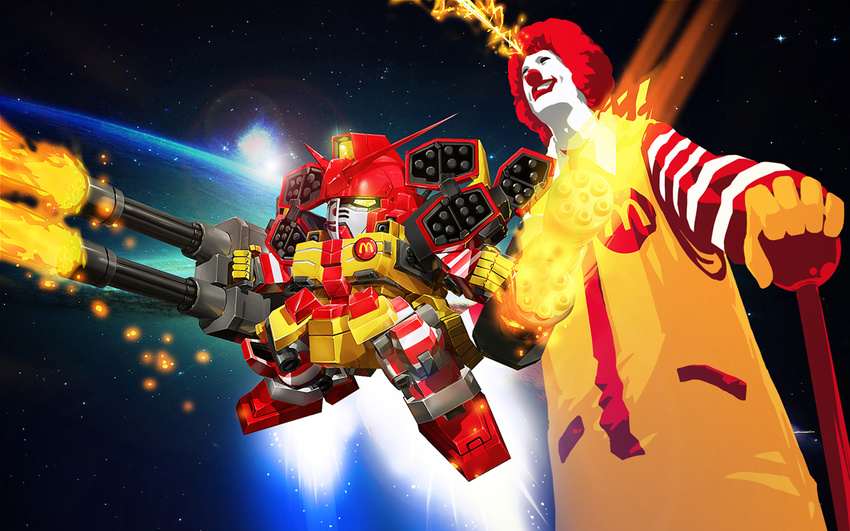 adapted_object chibi clown earth firing fried-noodles-c gatling_gun gun gundam gundam_heavyarms_custom gundam_wing mcdonald's minigun newtype_flash parody red_hair ronald_mcdonald smirk space star_(sky) weapon