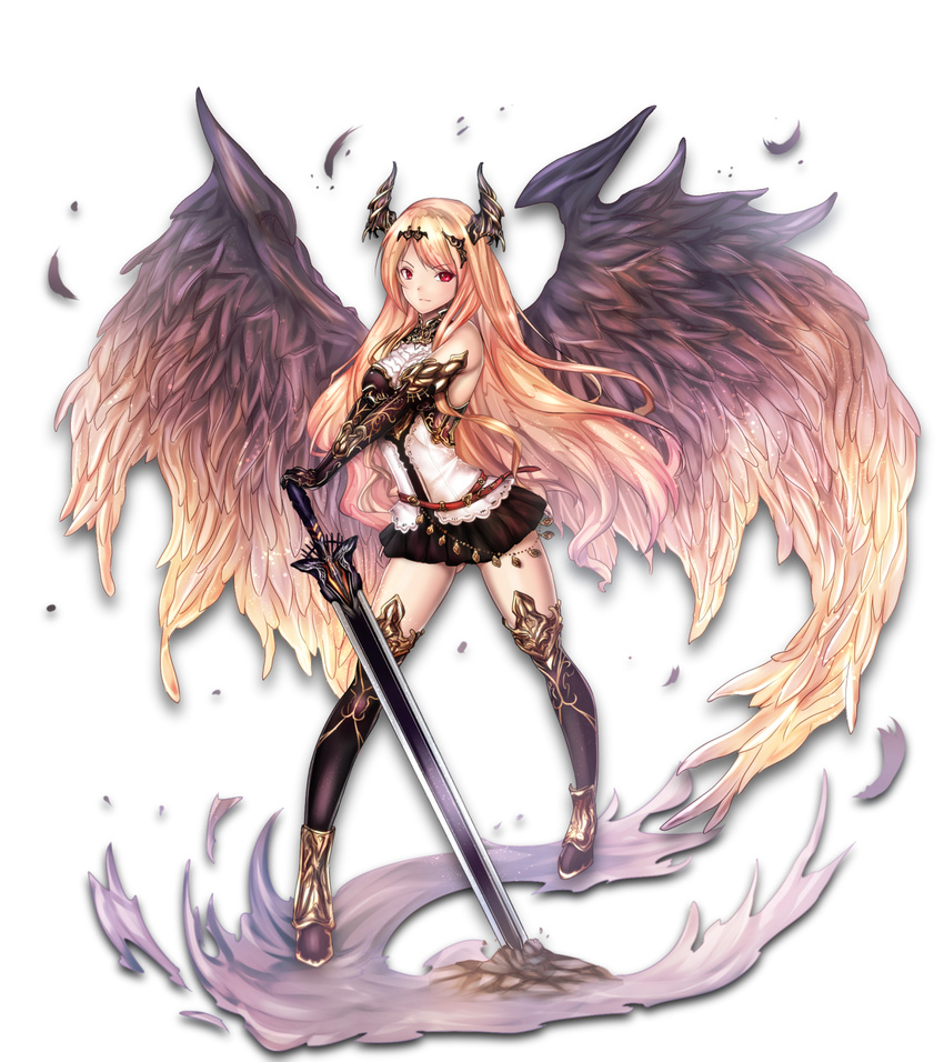 armor ass_visible_through_thighs bare_shoulders beads belt black_feathers black_wings blonde_hair boots choker corset dark_angel_olivia expressionless full_body gauntlets granblue_fantasy highres horns jewelry long_hair long_sword multicolored multicolored_wings red_eyes shingeki_no_bahamut solo standing sword thigh_boots thighhighs untsue very_long_hair weapon wings yellow_wings zettai_ryouiki