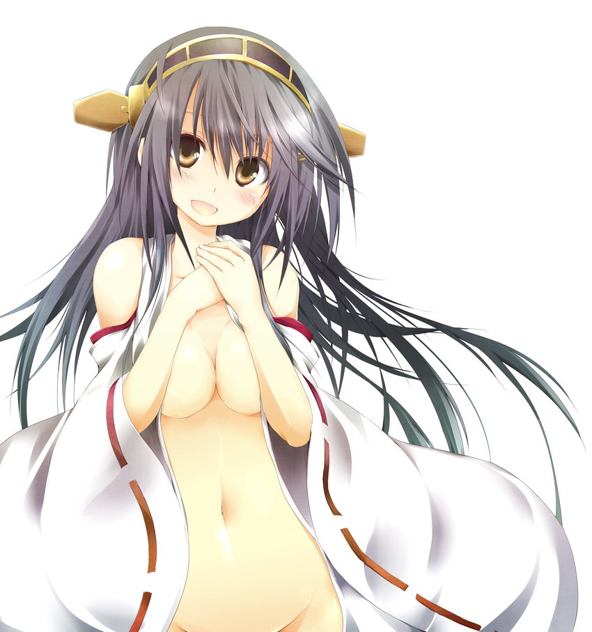 :d absurdres bare_shoulders black_hair blush bottomless breasts brown_eyes cleavage downscaled groin hand_on_own_chest haruna_(kantai_collection) head_tilt headgear highres kantai_collection long_hair looking_at_viewer md5_mismatch medium_breasts midriff mukouhara_shiryuu navel no_bra nontraditional_miko open_clothes open_mouth resized ribbon-trimmed_sleeves ribbon_trim simple_background smile solo stomach upper_body very_long_hair white_background