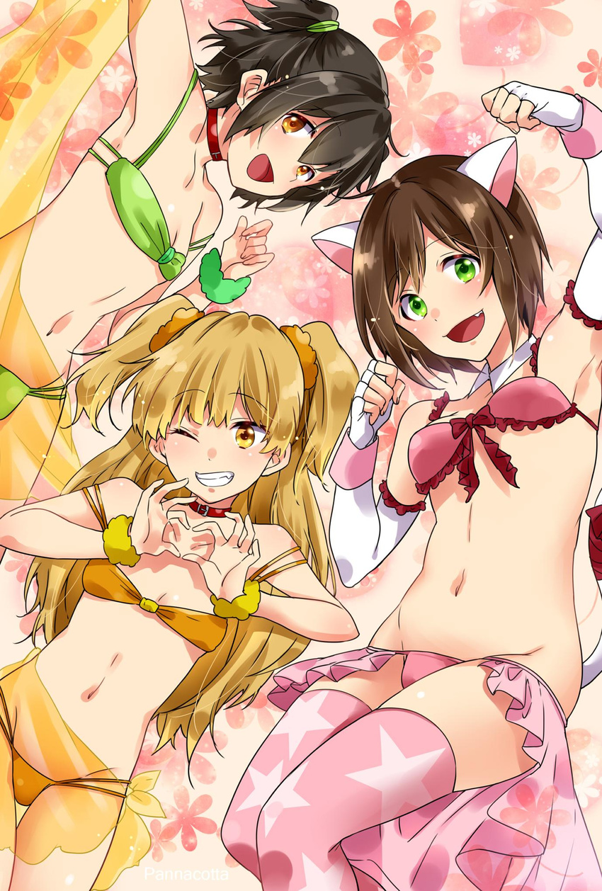 ;) akagi_miria animal_ears arm_up armpits bikini cat_ears collar collarbone commentary_request detached_collar elbow_gloves fang fingerless_gloves floral_background frilled_bikini frills gloves grin groin hair_ornament hair_ribbon hair_scrunchie heart heart_hands highres idolmaster idolmaster_cinderella_girls jougasaki_rika long_hair looking_at_viewer maekawa_miku multiple_girls navel one_eye_closed open_mouth petite raised_fist ribbon sarong scrunchie short_hair shouno_kotarou smile star star_print swimsuit thighhighs two_side_up wrist_scrunchie wristband