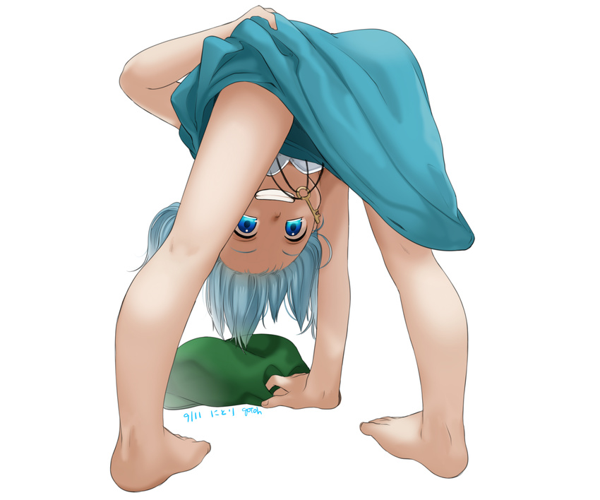 absurdres artist_name bare_legs barefoot bent_over blue_eyes blue_hair dated from_behind full_body gotoh510 grin hat hat_removed headwear_removed highres kawashiro_nitori key kneepits legs looking_through_legs short_hair signature simple_background smile solo string touhou twintails upside-down white_background