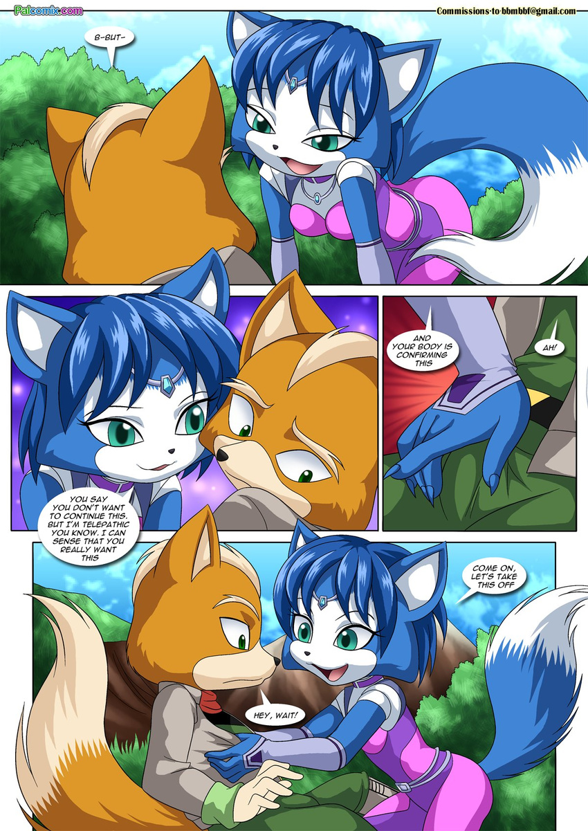 anthro bbmbbf blue_eyes blue_fur blue_hair brown_fur canine clothed clothing comic couple embarrassed excited female fox fox_mccloud fur green_eyes hair half-closed_eyes happy imminent_undressing krystal mammal nintendo open_mouth palcomix raised_tail seductive smile space_suit star_fox stroking surprise tan_fur text video_games white_fur