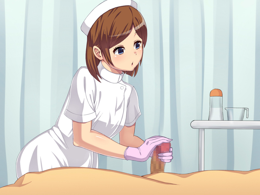 1girl blue_eyes brown_hair censored clothed_female_nude_male from_side glansjob gloves handjob hat hetero highres mosaic_censoring motion_blur natsumyun nude nurse nurse_cap open_mouth original penis purple_gloves rubber_gloves solo_focus