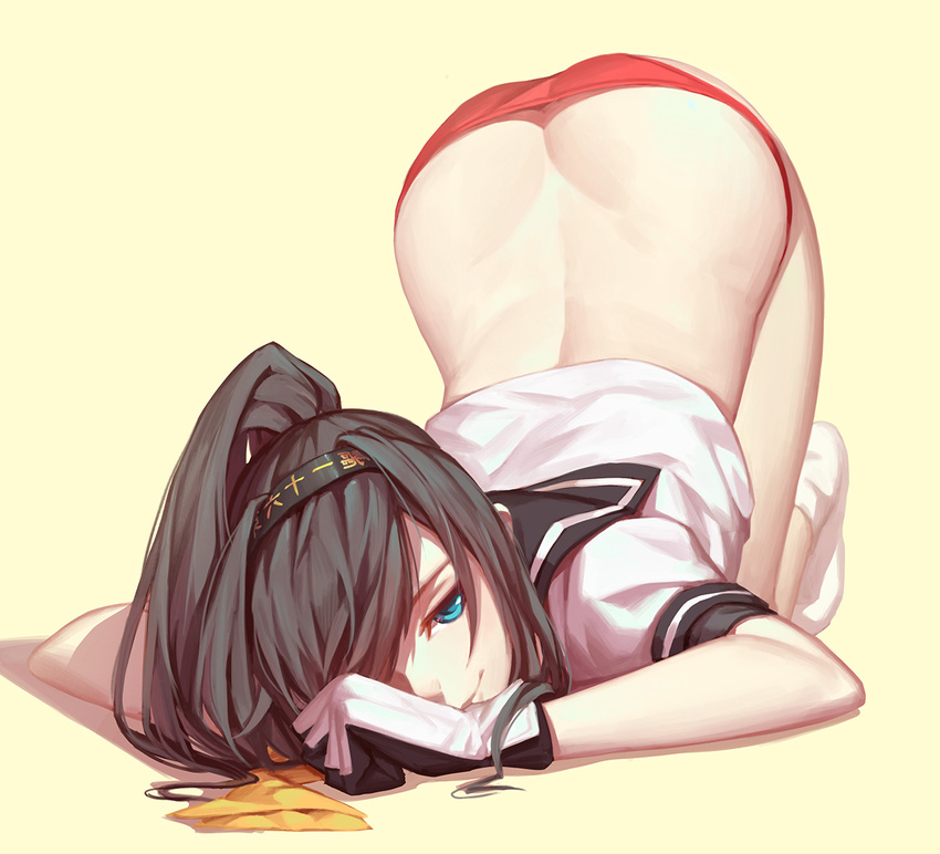 akizuki_(kantai_collection) ass black_hair blue_eyes gloves hairband kantai_collection long_hair looking_at_viewer md5_mismatch neckerchief nian no_pants panties ponytail red_panties school_uniform serafuku smile solo top-down_bottom-up underwear