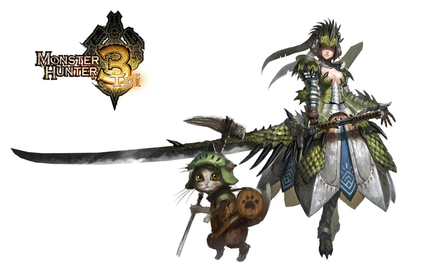 armor armored_dress blue_eyes breasts brown_hair chaosheng_zhe cleavage copyright_name felyne gorget helmet highres large_breasts long_sword looking_to_the_side monster_hunter monster_hunter_3 pauldrons rathian_(armor) simple_background sword weapon whiskers