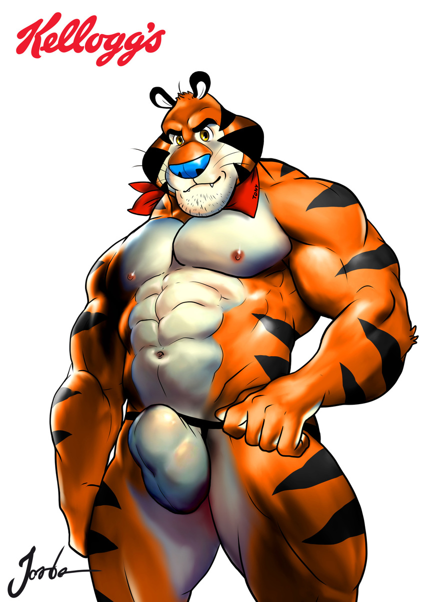 abs ascot blue_nose brown_eyes bulge clothing fangs feline frosted_flakes jockstrap jordanarts kellogg's male mammal muscular navel nipples solo tagme tiger tony_the_tiger underwear undressing