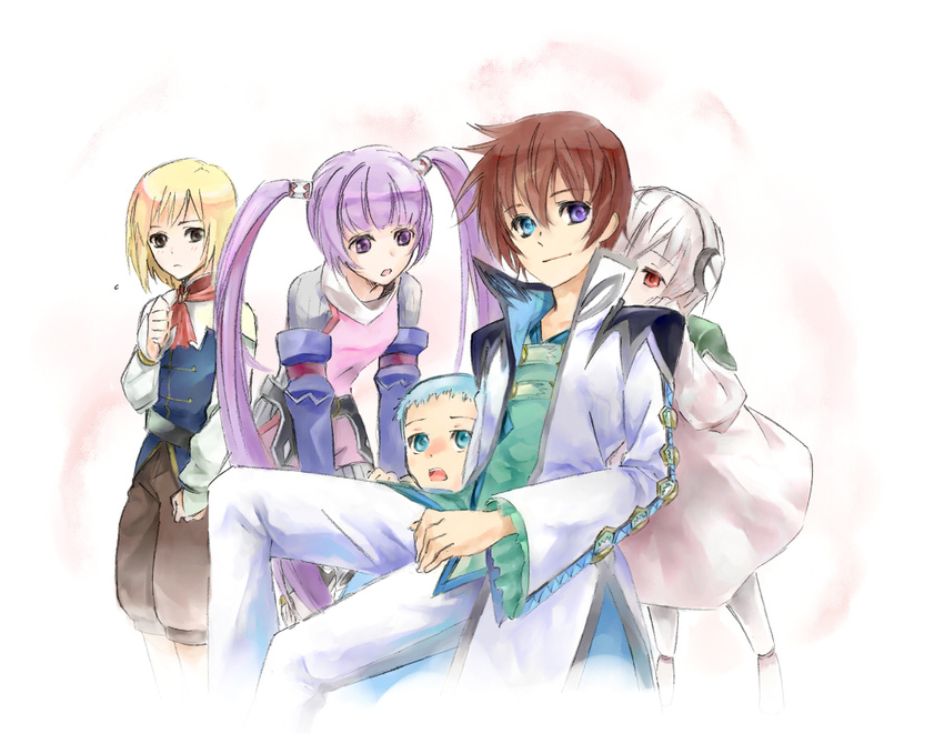 3boys asbel_lhant blonde_hair blue_eyes blue_hair heterochromia hubert_ozwell ishizue_ei lambda_(tales) multiple_boys purple_eyes purple_hair richard_(tales) sophie_(tales) spoilers tales_of_(series) tales_of_graces time_paradox twintails white_background white_hair younger