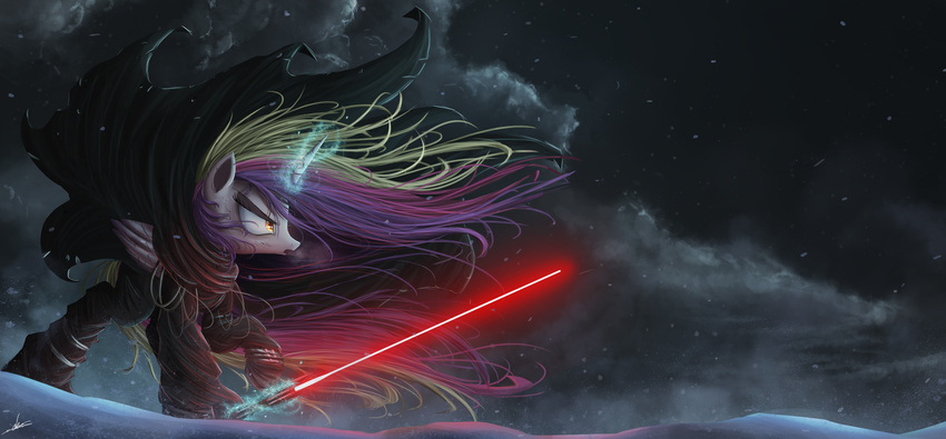 2015 cloak clothing equine female friendship_is_magic glowing glowing_eyes horn levitation lightsaber magic mammal my_little_pony ncmares orange_eyes princess_cadance_(mlp) snow snowing solo star_wars winged_unicorn wings