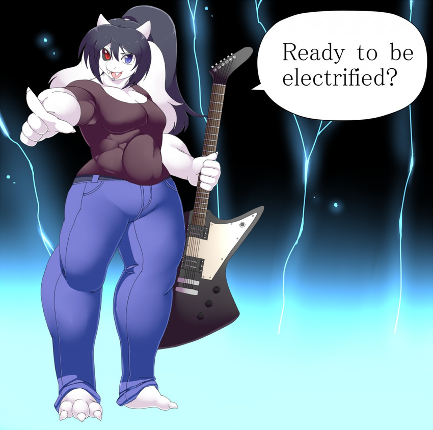 anthro beard black_hair black_sclera blue_iris caprine chubby clothing english_text facial_hair fan_character feet fingernails funi goat goatee guitar hair horn jay jeans lightning male mammal musical_instrument red_iris shirt solo text toenails undertale video_games white_sclera