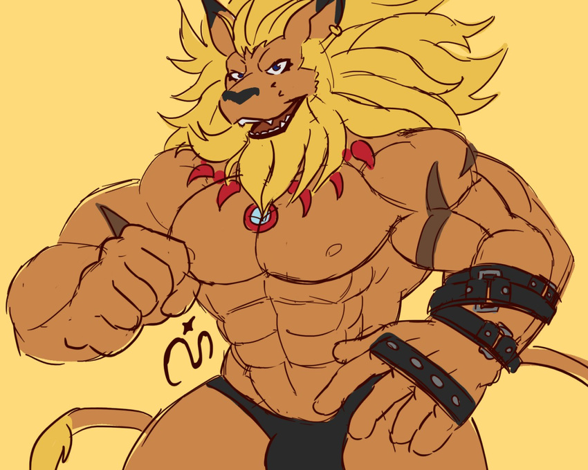 2015 abs anthro beard biceps big_muscles black_lips blonde_hair blue_eyes brown_fur bulge digimon ear_piercing facial_hair feline fur hair leomon lion male mammal mane muscular nipples orange_background pecs piercing simple_background solo standing steven_ciervyena teeth white_sclera