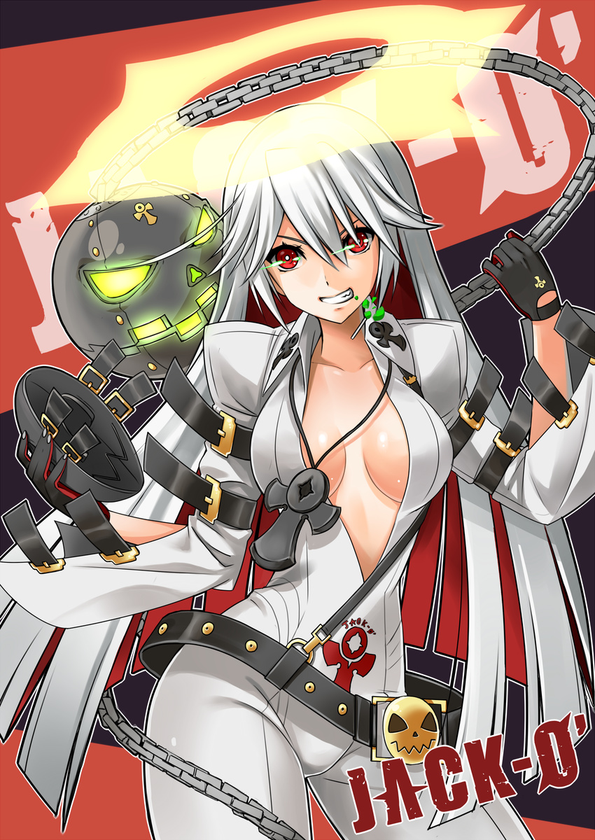 ahoge ankh ball_and_chain_restraint bangs belt belt_buckle bodysuit breasts breasts_apart buckle candy center_opening chain character_name cleavage clothes_writing collarbone contrapposto cowboy_shot food french_maid gloves glowing grin guilty_gear guilty_gear_xrd hair_between_eyes halo highres hips holding holding_mask jack-o'_valentine jewelry lollipop long_hair looking_at_viewer loose_belt mask mask_removed medium_breasts multicolored_hair necklace no_bra outline red_eyes red_hair smile solo standing studded_belt two-tone_hair very_long_hair white_hair