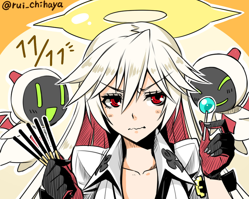 0_0 1girl :d :| ankh annoyed bangs beige_background black_gloves blush bodysuit buckle candy closed_mouth collarbone dated demon demon_wings diamond_(shape) eyebrows_visible_through_hair floating food french_maid furrowed_eyebrows gloves glowing glowing_eyes glowing_mouth green_eyes guilty_gear guilty_gear_xrd hair_between_eyes half-closed_eyes halo hands_up heart holding holding_food jack-o'_valentine knight_servant lollipop long_hair looking_away looking_to_the_side magician_servant multicolored multicolored_clothes multicolored_gloves multicolored_hair no_mask open_mouth outline parted_lips pocky pocky_day red_eyes red_gloves red_hair simple_background smile straight_hair twitter_username two-tone_hair upper_body v-shaped_eyebrows wavy_mouth white_bodysuit white_hair wing_collar wings