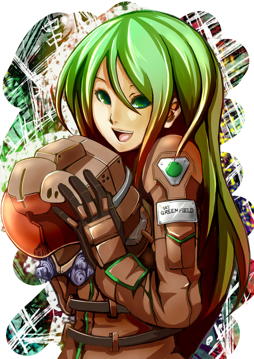 armored_core armored_core:_for_answer green_eyes green_hair headwear_removed helmet helmet_removed highres jonasan_(bad-t) long_hair may_greenfield pilot_suit smile smiley_face solo