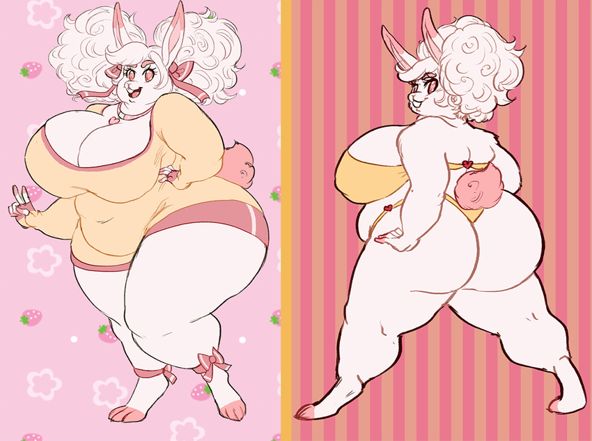 &lt;3 &lt;3_eyes anthro barefoot big_breasts big_butt bikini bow breasts buckteeth butt cleavage clothed clothing female fruit fur hair hair_bow huge_breasts huge_butt lagomorph looking_at_viewer looking_back mammal myan_(artist) necklace overweight pink_eyes rabbit smile solo strawberry swimsuit teeth v_sign white_fur white_hair