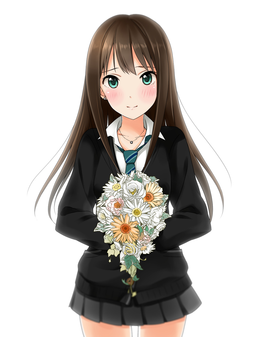 blush bouquet brown_hair cardigan cowboy_shot earrings flower french_maid green_eyes highres idolmaster idolmaster_cinderella_girls jewelry long_hair looking_at_viewer necklace necktie pleated_skirt school_uniform shibuya_rin skirt smile solo