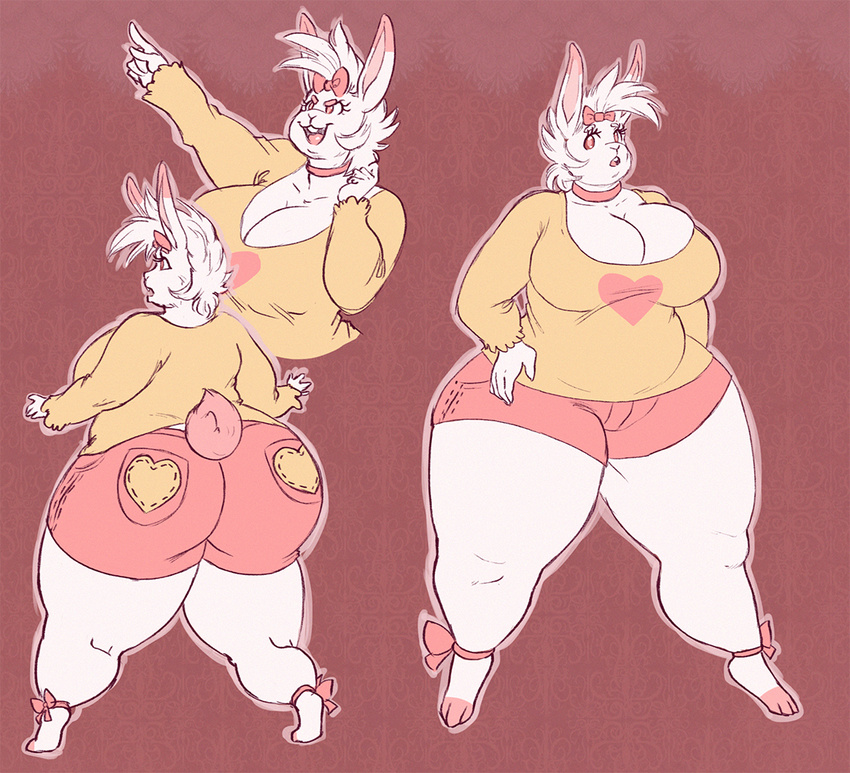 &lt;3 anthro barefoot big_breasts big_butt bow breasts buckteeth butt cleavage clothed clothing female fur hair huge_breasts huge_butt lagomorph mammal myan_(artist) open_mouth overweight pink_eyes pointing rabbit smile solo teeth white_fur