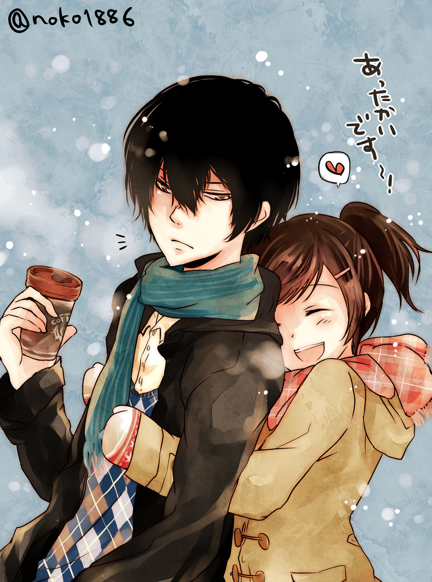 &gt;:( 1girl :d ^_^ absurdres artist_name bangs black_hair blue_scarf blush brown_eyes brown_hair checkered checkered_scarf closed_eyes coat coffee_cup cup disposable_cup frown gloves hair_between_eyes hair_ornament hairclip happy heart hibari_kyouya highres holding hood hug hug_from_behind katekyo_hitman_reborn! long_sleeves miura_haru noko_(noko1886) one_side_up open_clothes open_coat open_mouth red_scarf scarf short_hair smile snowflakes snowing spoken_heart swept_bangs translation_request upper_body v-shaped_eyebrows winter_clothes winter_coat
