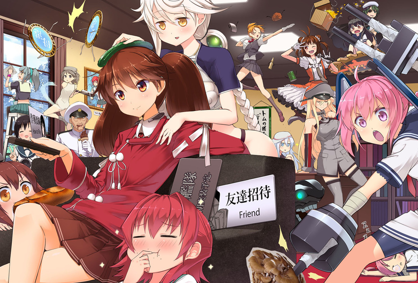 admiral_(kantai_collection) ahoge antenna_hair arm_support ass asymmetrical_hair baguette bare_shoulders bauxite bismarck_(kantai_collection) black_hair blonde_hair blue_eyes bookshelf box braid bread breasts brown_eyes brown_hair bruise cannon cape cartridge chopping cleaning_windows cleaver closed_eyes cloud_print colored_eyelashes controller couch crop_top cucumber detached_sleeves double_bun dress drum_(container) eating eyepatch floating flying_kick food food_on_head fubuki_(kantai_collection) gift gift_box glint gloves green_eyes grey_eyes grey_hair hair_between_eyes hair_ornament hand_on_another's_shoulder hanging_scroll hat headgear hibiki_(kantai_collection) i-class_destroyer ice_cream_cone icons impaled indoors injury japanese_clothes jitome jumping kantai_collection kariginu kicking kinu_(kantai_collection) kiso_(kantai_collection) ladder large_breasts light_smile long_hair looking_at_another looking_at_viewer looking_to_the_side lying magatama maikaze_(kantai_collection) maru-yu_(kantai_collection) mecha_musume midriff military military_hat military_uniform miniskirt multiple_girls naka_(kantai_collection) nenohi_(kantai_collection) nose_bubble nueco object_on_head official_style on_side one-piece_swimsuit one_eye_closed open_mouth orange_eyes outstretched_arm peaked_cap pink_hair pleated_skirt pom_pom_(clothes) ponytail portrait_(object) purple_eyes reclining red_shirt remote_control ryuujou_(kantai_collection) sailor_dress sazanami_(kantai_collection) school_uniform scroll shinkaisei-kan shirt short_hair short_ponytail short_sleeves short_twintails silver_hair single_braid sitting skirt sleeping smile sparkle steel_ingot swimsuit tassel thighhighs twintails uniform unryuu_(kantai_collection) ushio_(kantai_collection) v v_over_eye verniy_(kantai_collection) very_long_hair wavy_mouth what white_gloves white_hair white_swimsuit yellow_eyes yukikaze_(kantai_collection) yuubari_(kantai_collection)