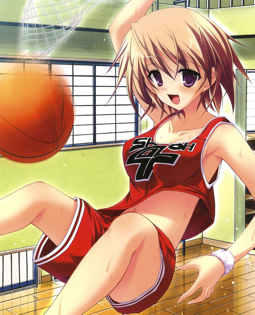 armpits basketball basketball_court basketball_uniform breasts collarbone dunk highres jumping light_brown_hair medium_breasts misakura_nankotsu navel non-web_source open_mouth original purple_eyes short_hair sideboob solo sportswear sweat