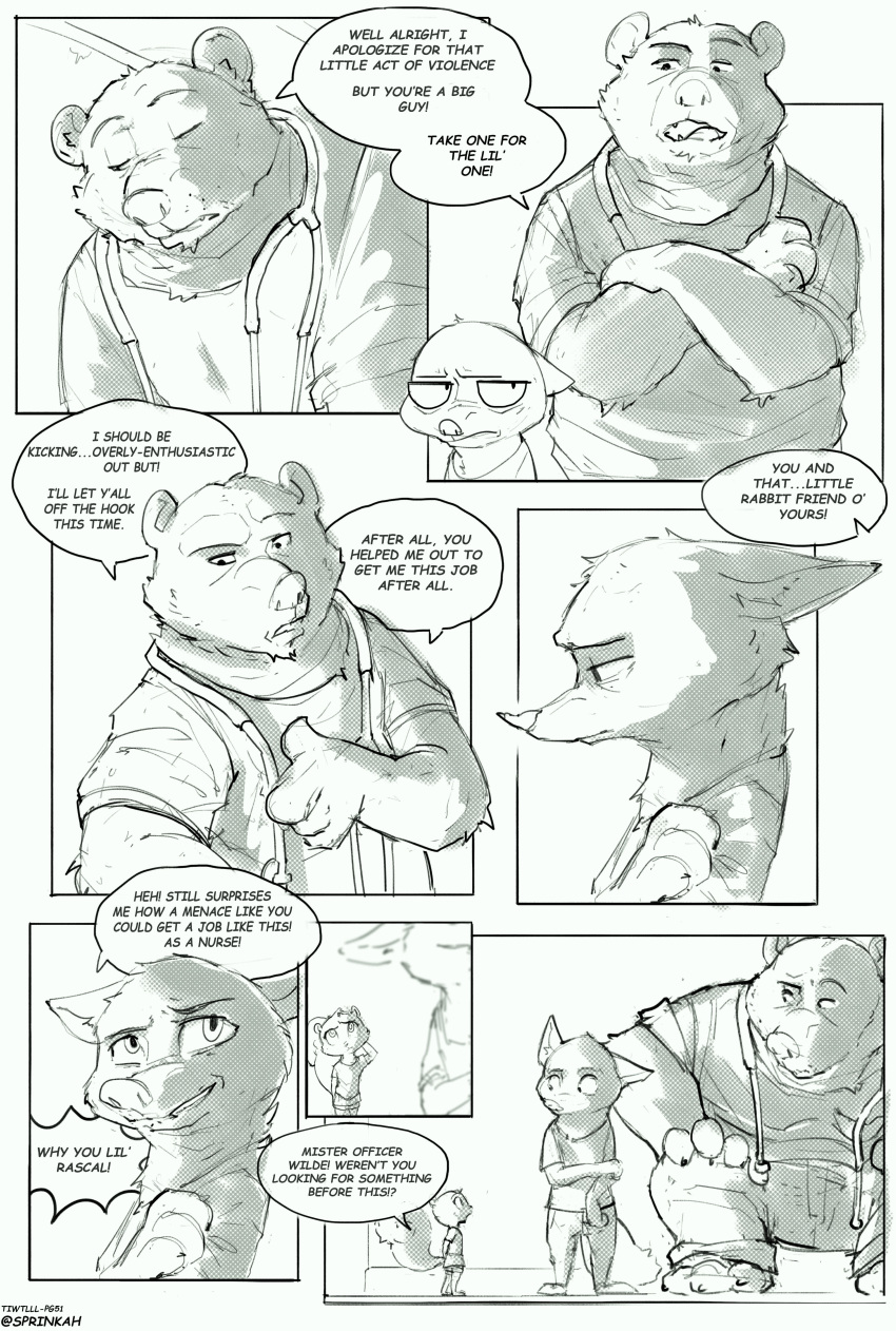 2018 absurd_res anthro barefoot bear canine clothed clothing comic crossed_arms dialogue disney english_text fox group hi_res male mammal monochrome nick_wilde rodent screentone speech_bubble sprinkah squirrel stethoscope text zootopia