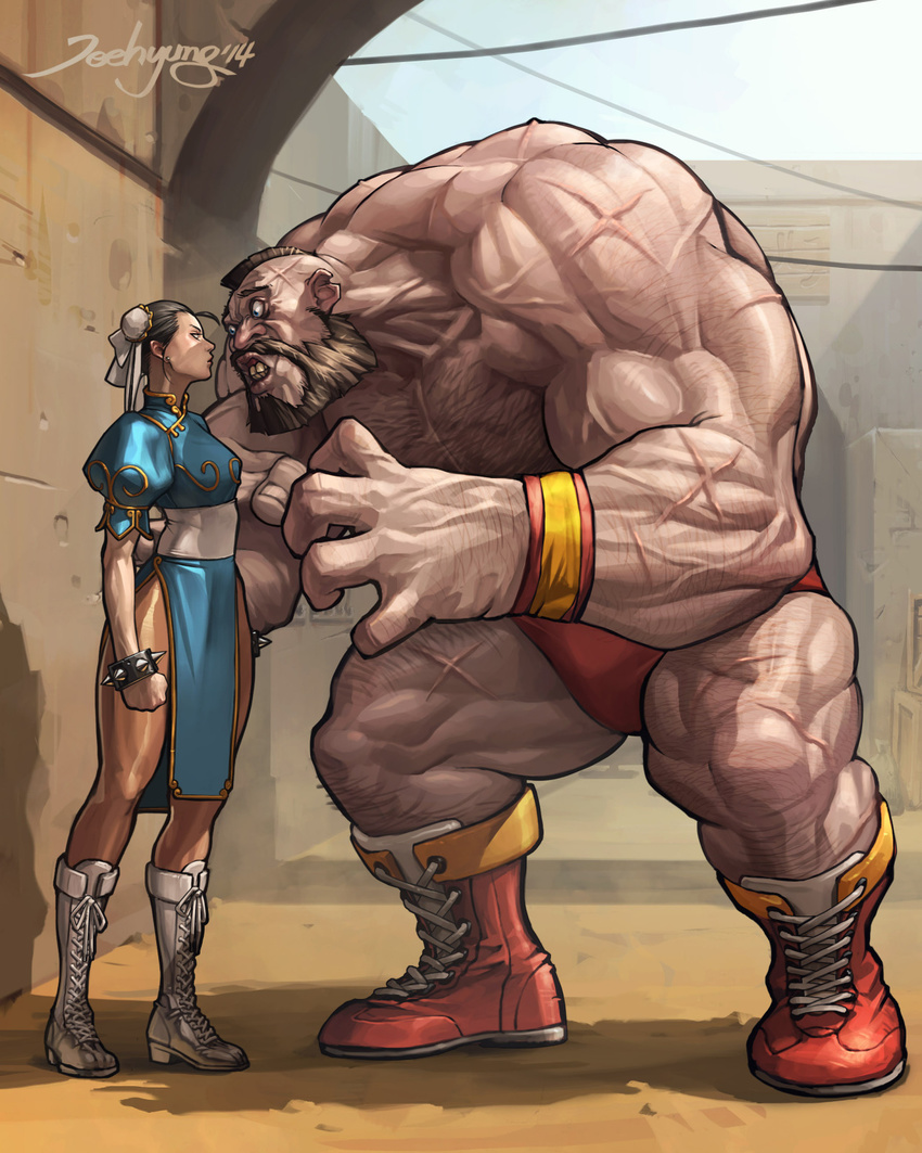 1boy 1girl beard bracelet breasts brown_hair bun_cover chest_hair china_dress chinese_clothes chun-li double_bun dress eye_contact faceoff facial_hair full_body giant height_difference highres jee-hyung_lee jewelry jpeg_artifacts looking_at_another mohawk muscle pantyhose pelvic_curtain puffy_short_sleeves red_boots sash shadow shirtless short_hair short_sleeves side_slit size_difference source_request spiked_bracelet spikes standing street_fighter swim_briefs veins white_boots wristband zangief