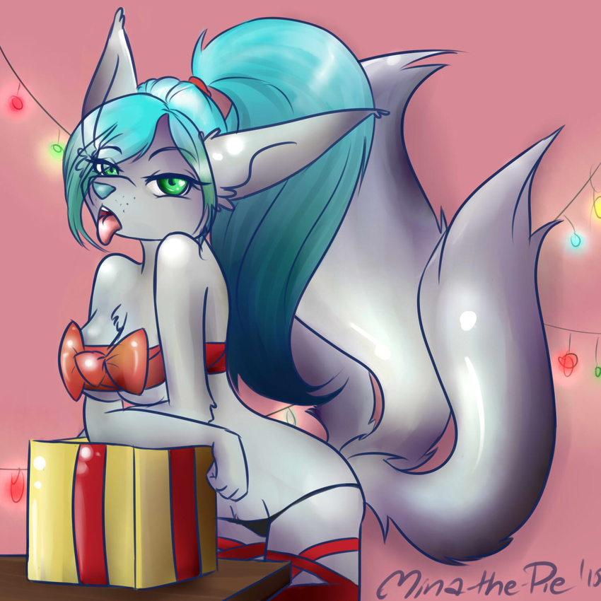 2015 3_tails anthro big_ears breasts canine christmas christmas_lights clothing fan_character female fluffy fox fur gift hair holidays long_hair looking_at_viewer mammal mina-the-pie multiple_tails open_mouth panties ponytail ribbons simple_background solo underwear wolf