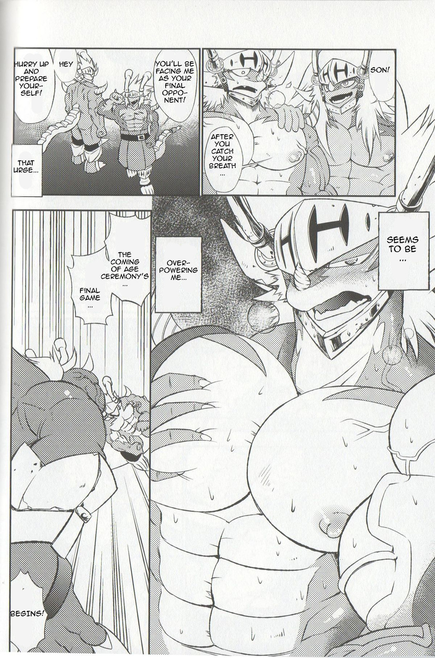 ! ... abs anthro armor biceps big_muscles buddyfight clothed clothing comic dialogue dragon drum's_father drum_(buddyfight) ekataraf english_text greyscale half-closed_eyes half-dressed horn male monochrome muscular nipples open_mouth pec_grasp pecs reptile scalie standing sweat text topless vein