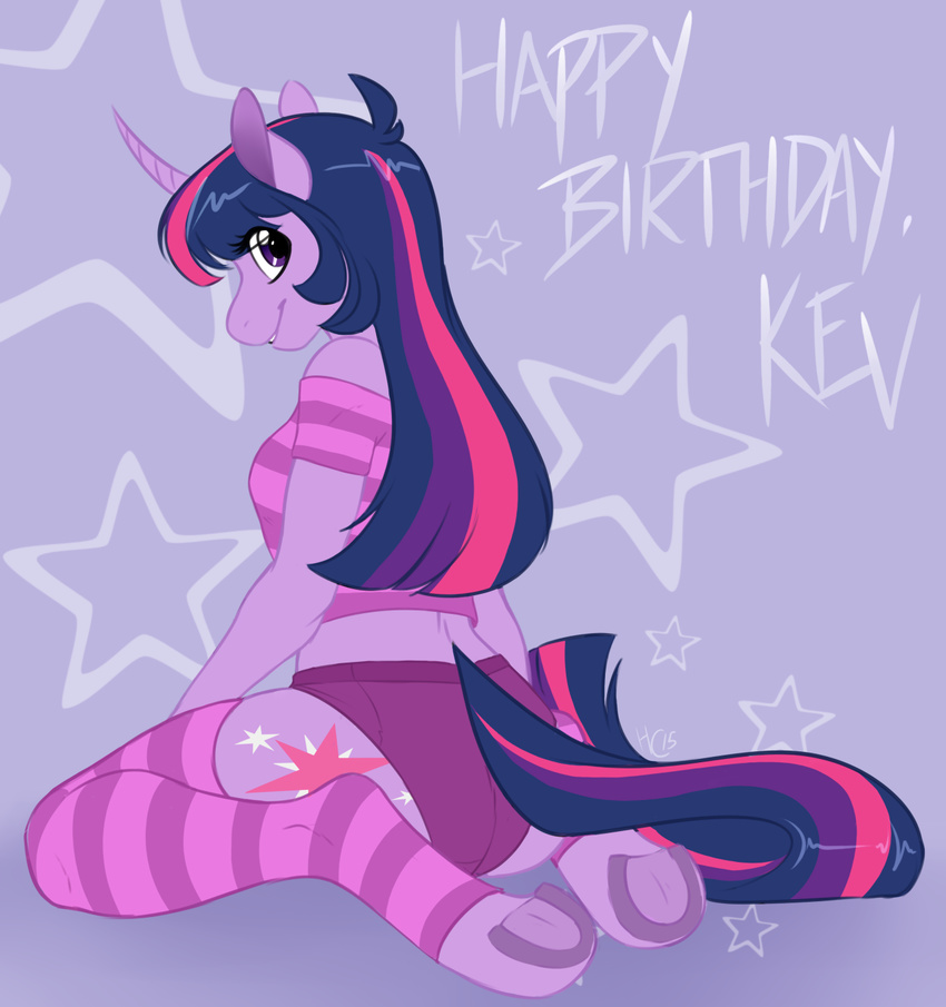 2015 animal_genitalia anthro anthrofied birthday clothing cutie_mark deejayhan english_text equine erection female friendship_is_magic hair hi_res hooves horn intersex legwear long_hair mammal multicolored_hair my_little_pony purple_eyes purple_skin smile solo striped_legwear stripes text twilight_sparkle_(mlp) underhoof unicorn