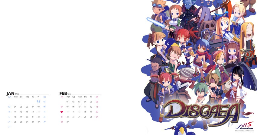 6+boys 6+girls :d :o absurdres antenna_hair archer_(disgaea) backpack bag bandages bandana bandeau bangs bare_shoulders bat_wings belt beltbra bird black_hair black_legwear blonde_hair blue_hair blunt_bangs bodysuit bow bow_(weapon) bracelet braid breasts brown_hair calendar_(medium) chain closed_eyes collar copyright_name dated demon_girl demon_tail detached_sleeves disgaea drill_hair earrings etna everyone february female_angel_(disgaea) female_brawler_(disgaea) female_warrior_(disgaea) flat_chest flonne forehead_protector fur_trim gloves goggles goggles_on_head gradient green_hair grey_skin gun hair_bow hair_over_shoulder hairband hakama half-closed_eyes halo hand_on_hilt handgun harada_takehito headband healer_(disgaea) high_ponytail highres hip_vent holding holding_weapon huge_weapon january japanese_clothes jewelry laharl logo lolita_hairband long_hair looking_at_viewer mage_(disgaea) magic_knight_(disgaea) majin_(disgaea) makai_senki_disgaea male_brawler_(disgaea) male_healer_(disgaea) male_warrior_(disgaea) mid-boss_(disgaea) midriff miniskirt multiple_boys multiple_girls navel ninja_(disgaea) official_art open_mouth orange_hair outstretched_arms over_shoulder pantyhose pencil_skirt penguin planted_sword planted_weapon pointy_ears polearm ponytail pouch prinny quiver red_hair ribbon_trim ronin_(disgaea) sarashi sash scarf scout_(disgaea) scythe shadow shirtless short_hair short_twintails shorts sidelocks silver_hair simple_background single_braid skirt skull skull_(disgaea) skull_earrings slit_pupils smile spear spiked_hair staff standing stitches stuffed_animal stuffed_toy sword tail thief_(disgaea) thighhighs twintails very_long_hair weapon weapon_over_shoulder white_background wings