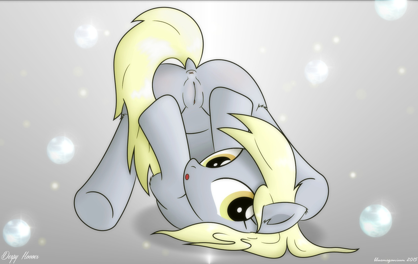 2015 :o anus blonde_hair bluemeganium butt derpy_hooves_(mlp) dock equine female feral friendship_is_magic fur grey_fur hair horse inner_ear_fluff looking_at_viewer mammal my_little_pony open_mouth pony pussy solo spread_legs spreading upside_down yellow_eyes