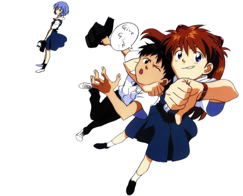 1boy 2girls ;o arm_around_neck ayanami_rei bag bangs bird black_eyes black_hair black_legwear blue_eyes blue_hair buckle clenched_hand dutch_angle english expressionless foreshortening from_above grin hair_ornament holding ikari_shinji legs_apart loafers long_hair looking_at_viewer looking_back multiple_girls neon_genesis_evangelion official_art one_eye_closed one_leg_raised outstretched_arm pants penguin penpen pleated_skirt red_hair ribbon scan school_bag school_uniform shirt shoes short_hair short_sleeves simple_background skirt small_breasts smile sneakers soryu_asuka_langley souryuu_asuka_langley speech_bubble standing suspender_skirt suspenders text thumbs_down tsurumaki_kazuya watch white_background white_legwear wince wristwatch