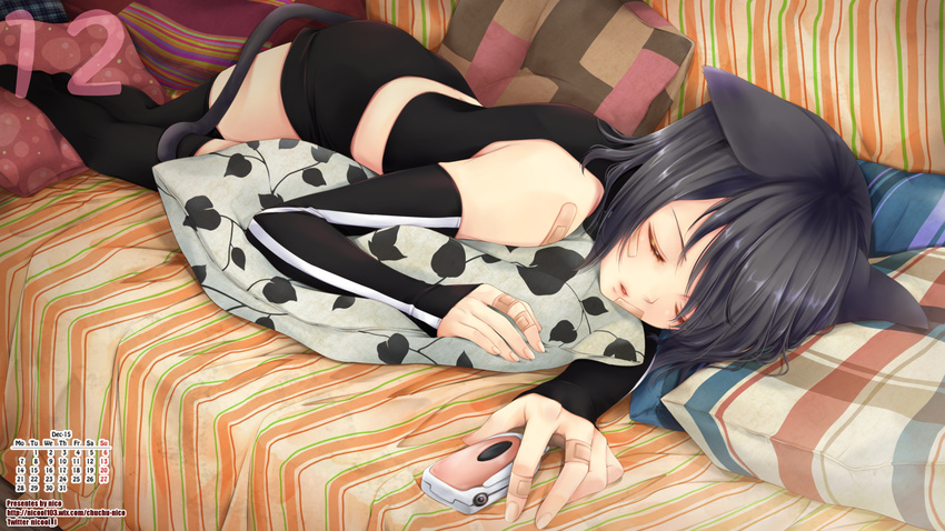 animal_ears aoyagi_ritsuka bandaid bandaid_on_face bandaid_on_finger bangs black_hair black_legwear black_shorts calendar_(medium) cat_ears cat_tail cellphone commentary_request crop_top december detached_sleeves highres indoors loveless lying male_focus midriff nico_(nicool) on_side parted_lips phone pillow shorts solo striped striped_pillow swept_bangs tail twitter_username watermark web_address