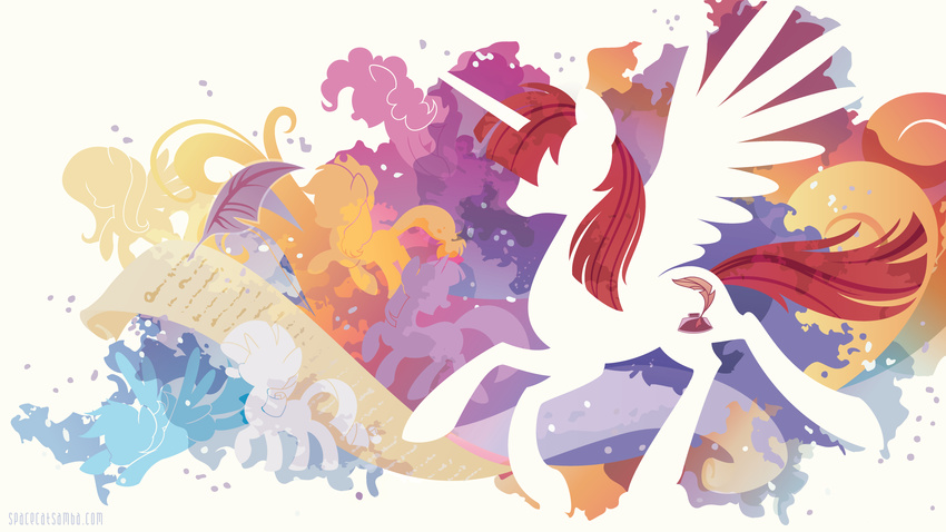 2014 applejack_(mlp) cutie_mark equine feathers female fluttershy_(mlp) friendship_is_magic hair horn horse lauren_faust_(character) loose_feather mammal my_little_pony pegasus pinkie_pie_(mlp) pony quill rainbow_dash_(mlp) rarity_(mlp) red_hair sambaneko scroll silhouette solo twilight_sparkle_(mlp) unicorn winged_unicorn wings