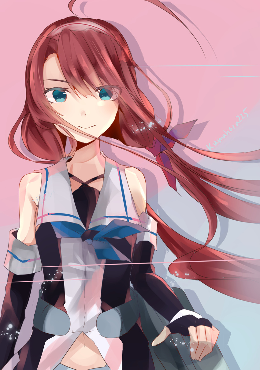 ahoge asymmetrical_bangs bangs bare_shoulders black_gloves blue_eyes collared_shirt elbow_gloves fingerless_gloves gloves hair_ribbon hairband highres kantai_collection kawakaze_(kantai_collection) kumahara long_hair looking_at_viewer low_twintails machinery navel neckerchief red_hair ribbon school_uniform shirt sidelocks sleeveless sleeveless_shirt smile solo twintails twitter_username upper_body very_long_hair wind