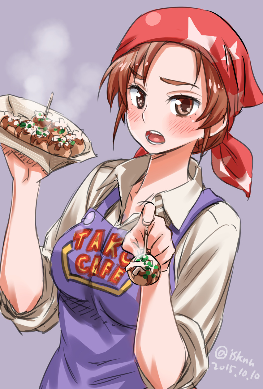 2015 apron bandana blush dated food fujita_akane futari_wa_precure giving highres holding holding_food isedaichi_ken open_mouth ponytail precure red_eyes red_hair short_hair solo steam takoyaki toothpick twitter_username