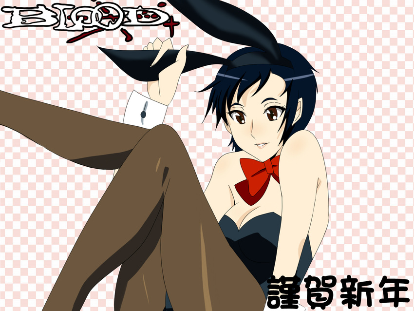 black_hair blood+ breasts bunnysuit cleavage highres legs lipstick makeup medium_breasts otonashi_saya pantyhose red_eyes short_hair solo tadaazu0129