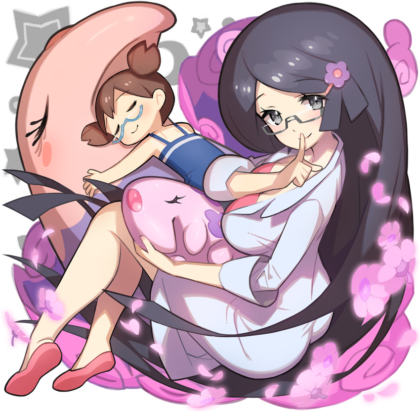 ass black_hair brown_hair finger_to_mouth flower full_body gen_5_pokemon glasses hair_flower hair_ornament hairclip highres labcoat long_hair looking_at_viewer makomo_(pokemon) multiple_girls munna musharna petals pokemon pokemon_(creature) pokemon_(game) pokemon_bw saitou_naoki semi-rimless_eyewear shouro_(pokemon) siblings sisters sleeping sleeves_rolled_up smile two_side_up very_long_hair