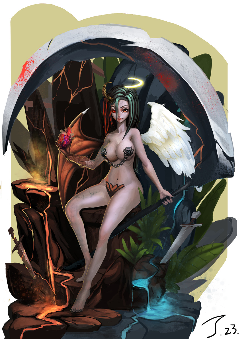 angel_wings asymmetrical_wings barefoot black_nails blood blood_stain breasts chain demon_wings green_hair halo heart_(organ) heterochromia highres horn large_breasts maomao molten_rock nail_polish nude orange_eyes original plant planted_sword planted_weapon red_eyes scythe sitting solo sword toenails veins water weapon wings