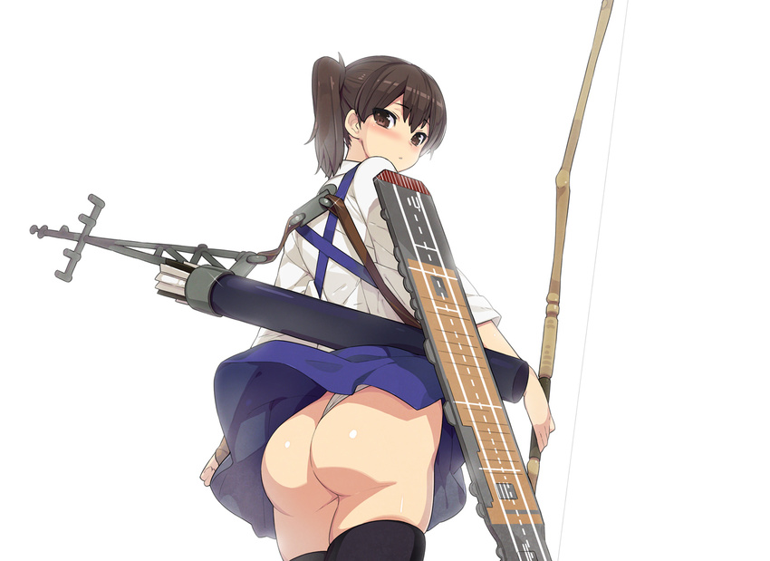 ass black_legwear blush bow_(weapon) brown_eyes brown_hair commentary_request from_behind japanese_clothes kaga_(kantai_collection) kantai_collection long_hair looking_back munashi_mujou muneate side_ponytail skirt skirt_lift solo thighhighs upskirt weapon wind wind_lift