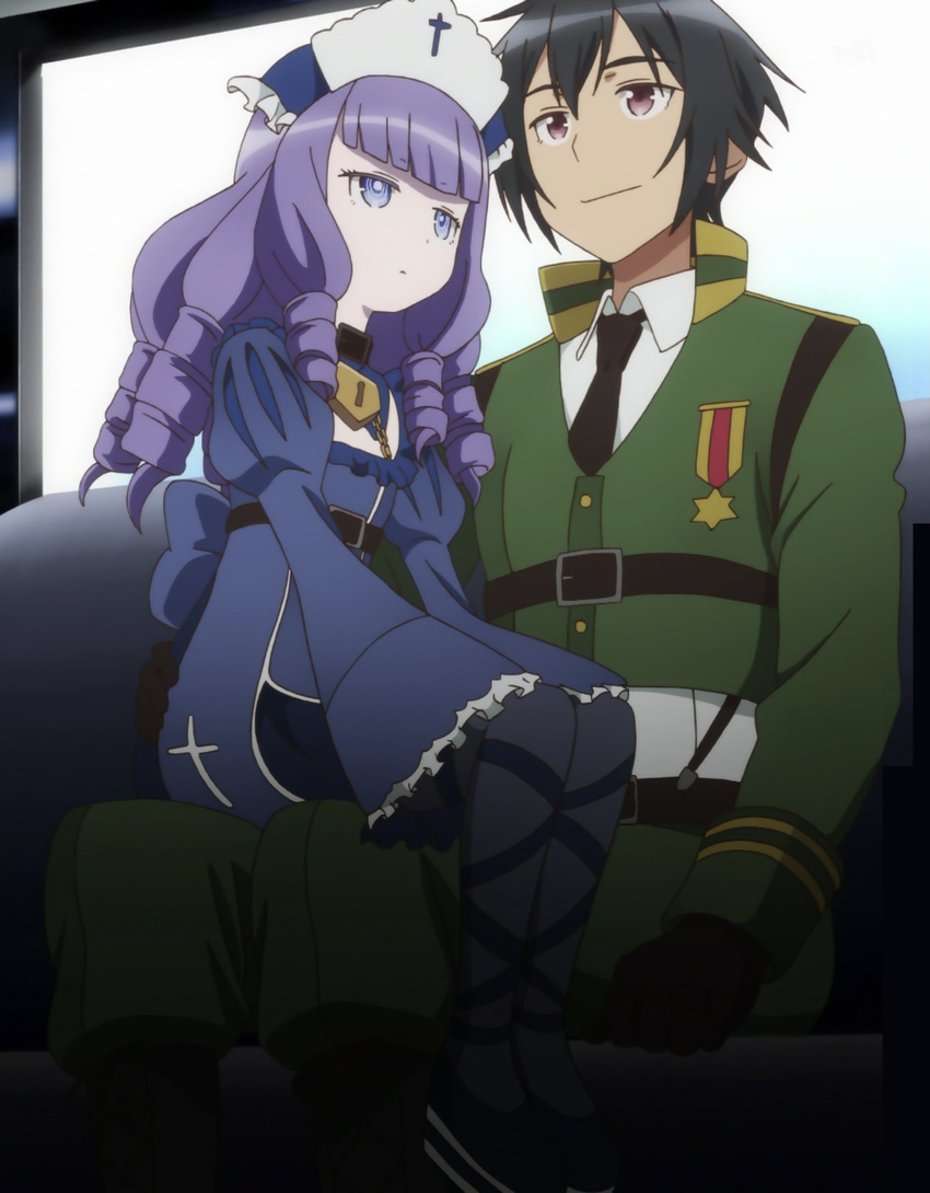 1girl absurdres curly_hair highres kusanagi_takeru lapis_lazuli_(taimadou_gakuen) pantyhose purple_eyes purple_hair screencap sitting sitting_on_lap sitting_on_person smile taimadou_gakuen_35_shiken_shoutai