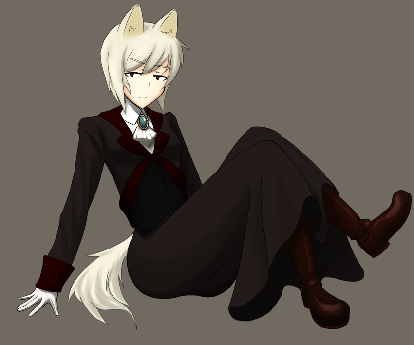 animal_ears arm_support boots crossed_legs dorotabou_(dieter) dress highres long_sleeves original reclining red_eyes short_hair skirt solo tail white_hair