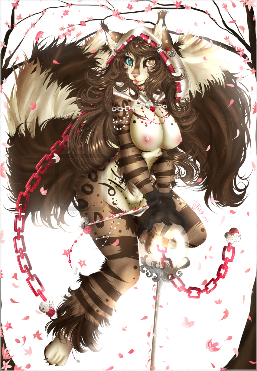 anthro areola breasts brown_fur brown_hair chain clothed clothing feline female fur hair half-dressed hi_res inner_ear_fluff looking_at_viewer mammal myett-wrath necklace nipples panties panties_down pussy simple_background smile solo standing tongue tongue_out topless underwear