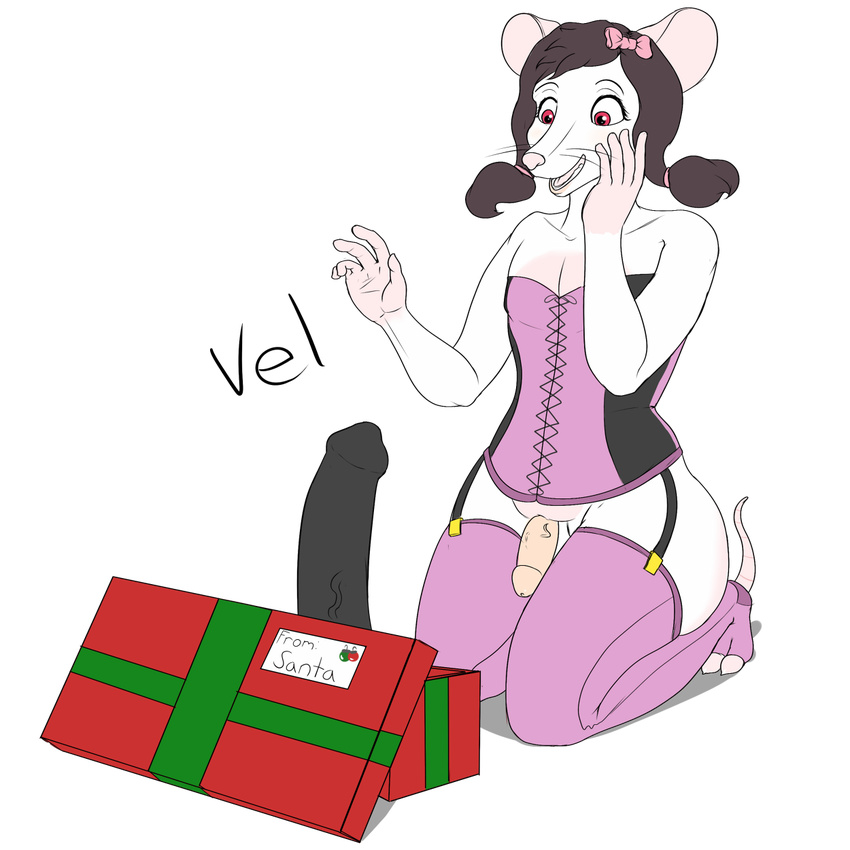 2015 alpha_channel anthro bow brown_hair clothed clothing corset crossdressing dildo dr_zombie fur gift girly hair hi_res kneeling leggings legwear male mammal penis pigtails pink_eyes rat red_eyes rodent sex_toy simple_background smile solo stockings transparent_background vel whiskers white_fur white_sclera