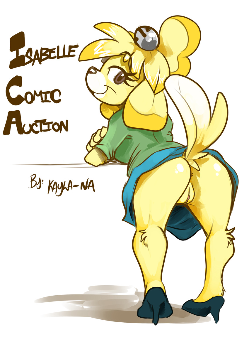 2014 animal_crossing anthro anus bell butt canine clothed clothing digital_media_(artwork) dog english_text female fur hi_res high_heels isabelle_(animal_crossing) kayla-na looking_at_viewer looking_back mammal nintendo presenting presenting_hindquarters presenting_pussy pussy raised_tail shih_tzu simple_background solo text video_games white_background yellow_fur
